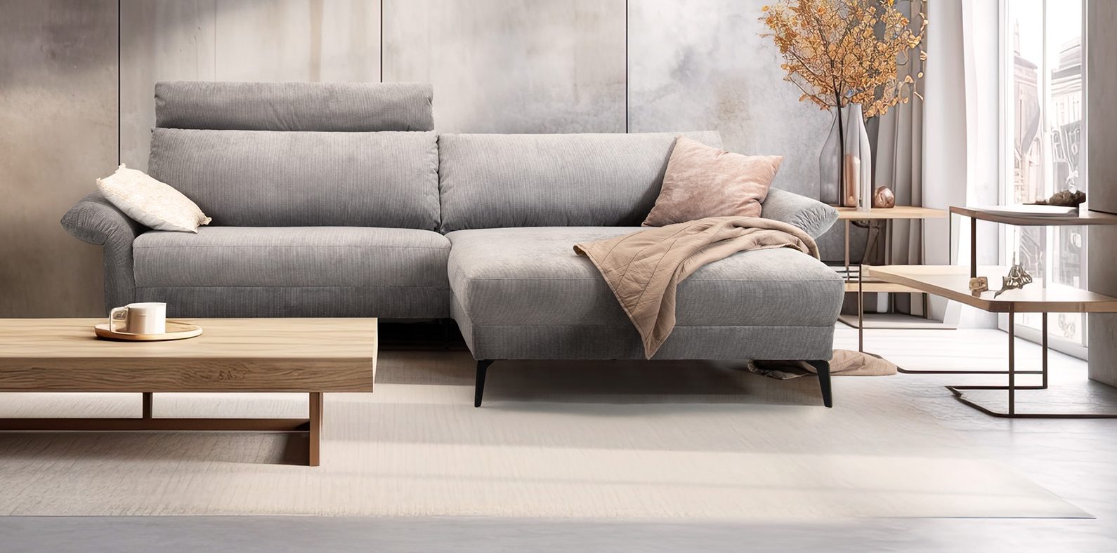Background interior of living room with light colored concrete walls, sofa, and table. Generative AI
